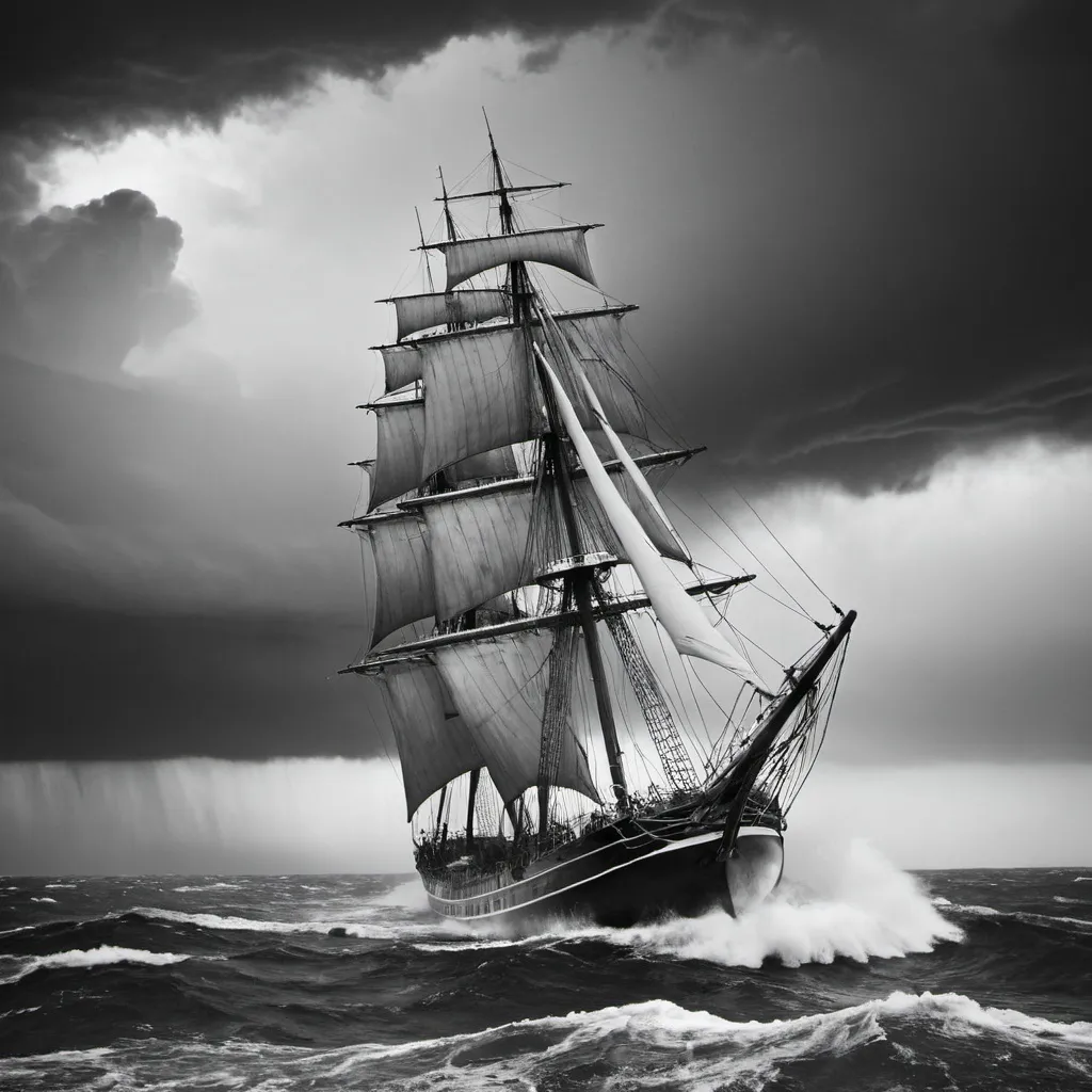 Prompt: black and white photo of a sailing ship caught in a violent storm on the ocean