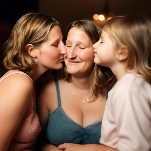 Prompt: <mymodel>Realistic professional photography of  twins and mom sharing a kiss, bare midriff, bedroom atmosphere, high quality, detailed, warm lighting, realistic, professional photography, modern,  natural beauty