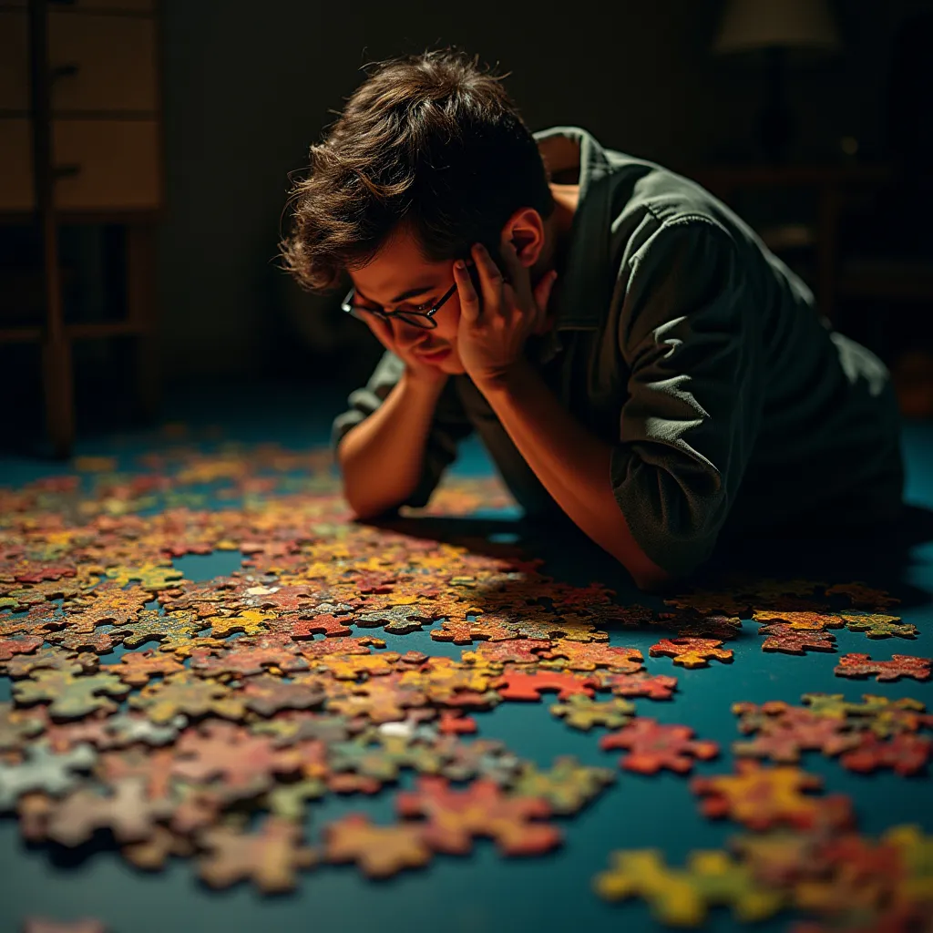 Prompt: (pensive figure) gazing intently at a complex, colorful puzzle, (reflective mood), surrounded by scattered pieces, a dimly lit room creating a sense of isolation, (commercial-high quality), hints of frustration in posture, intricate patterns on puzzle pieces, warm light casting shadows to enhance the drama, (conceptual imagery) inviting contemplation on problem-solving.