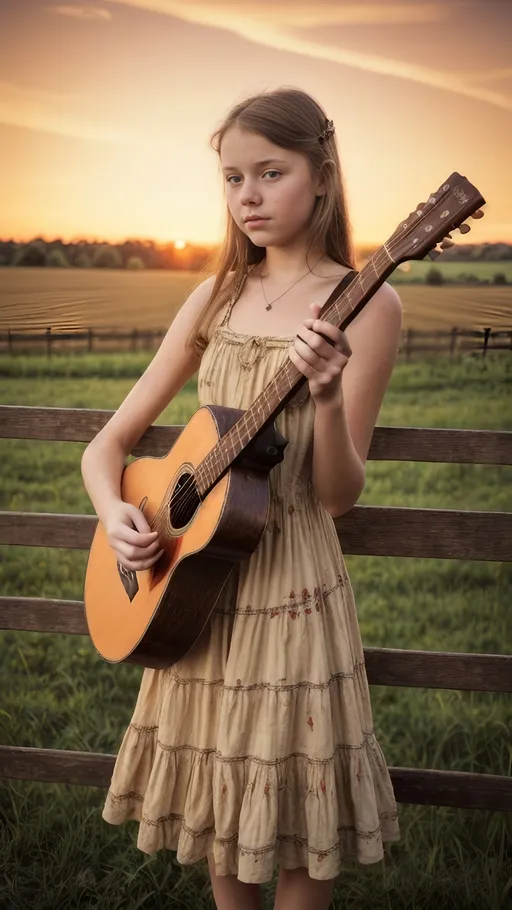 Prompt: young girl in sun dress Vintage acoustic guitar on countryside fence at sunset, warm sunset lighting, rustic wooden fence, detailed guitar body, classic vintage style, highres, warm tones, nostalgic, scenic countryside, serene atmosphere, peaceful sunset, detailed strings and frets, acoustic instrument, artistic rendering