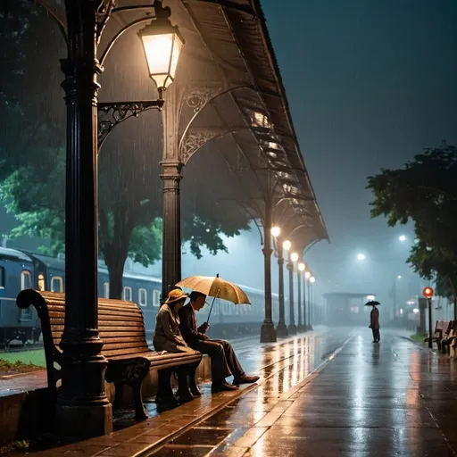 Prompt: A couple sits on a bench under a lamppost at the oldest railway station, near a standing train, at night in a rainy season. The scene evokes a nostalgic and atmospheric image.
