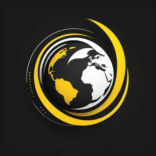 Prompt: (black and white), (yellow accents), logo design, circular globe representation, fitness elements integrated, dynamic and energetic feel, modern minimalism, sleek design, travel motifs, appealing to fitness enthusiasts, panoramic format 159px wide, high detail and quality, suitable for a travel site.