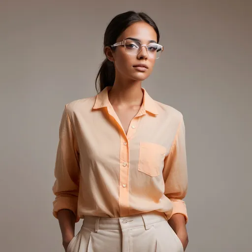 Prompt: A high-quality photo of a person wearing transparent glasses with very light orange-tinted lenses. The model is standing, viewed from a medium distance where the top of their pants is visible. The model is looking slightly to the left, almost horizontally, in a natural pose. The background is simple and clean, with soft lighting emphasizing the glasses without distractions. The photo should be sharp, professional, and have a desktop-friendly resolution. The focus is on the glasses, with the model’s outfit and background subtly complementing the overall look.