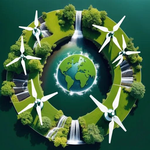 Prompt: make a logo like the photo was taken from drone from hight and show like there is greenery every where and a waterfall where a device is set to make electricity from water and add 4,5 wind mill and add an small green colored recycle logo