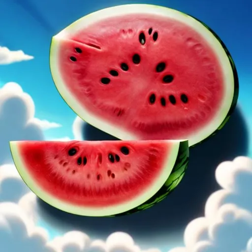 Prompt: A piece of watermelon in the heaven cartoon

