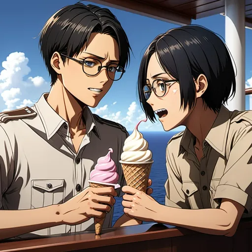 Prompt: - "Levi and Hange sitting on the balcony of the cruise ship from Attack on Titan, sharing an ice cream. Levi, with his short black hair and sharp eyes, is wearing a simple shirt and trousers, while Hange, with her messy hair and glasses, is wearing a casual outfit. Hange is smiling brightly at Levi as she hands him a spoonful of ice cream, and Levi, with a rare smile on his face, is accepting it. The soft glow of the ship's lights creates a cozy and warm ambiance."