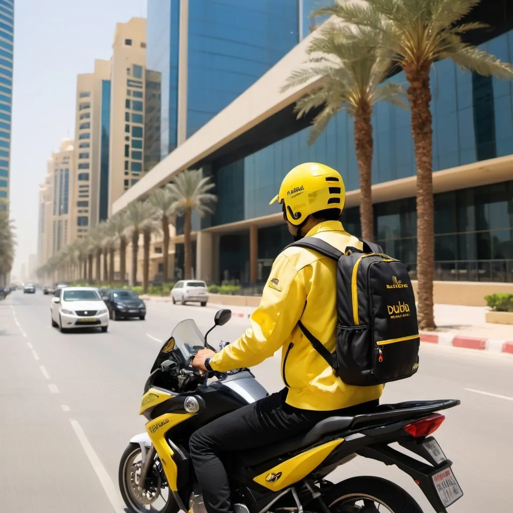 Prompt: A Noon Minutes delivery rider wearing a yellow helmet and jacket, riding a black motorcycle on a busy Dubai street. The rider is wearing a yellow Noon Minutes backpack. In the background, there is a modern building with Noon Minutes signage and the words "Downtown Dubai". The time is noon.
Additional details for improvement:
 * Include palm trees in the background for a more authentic Dubai feel.
 * Add more details to the street, such as cars and pedestrians.
 * Make the sunlight brighter to convey a midday atmosphere. Logo on bike and man tshit and motorbike noon minutes 