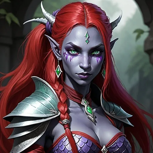 Prompt: Drow, light Blue skin, Caucasian features, female, sorcerer, red Draconian bloodline. Red dragons scales on cheeks. Long Red hair with purple streak tied in pony tail. Green eyes. Two daggers. Mid 20s