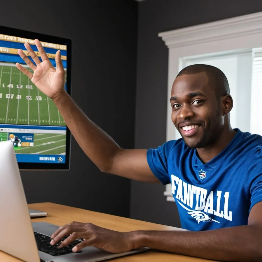 Prompt: Black man waving bye to his fantasy football team on his computer screen