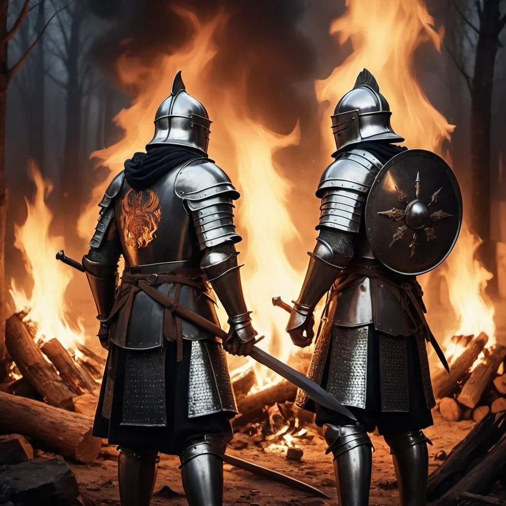 Prompt: A burning fire within a warriors camp, Surrounded by a group of battle-hardened warriors from the middle ages dressed in armor Staring into the flames Contemplating the chaos that just occurred, allowing the fire to warm their cold hearts