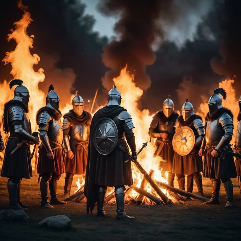 Prompt: A burning fire within a warriors camp at night Surrounded by a group of battle-hardened warriors from the middle ages dressed in armor Staring into the flames Contemplating the chaos that just occurred, allowing the fire to warm their cold hearts, you can see the reflection of the flames flicker in their piercing eyes