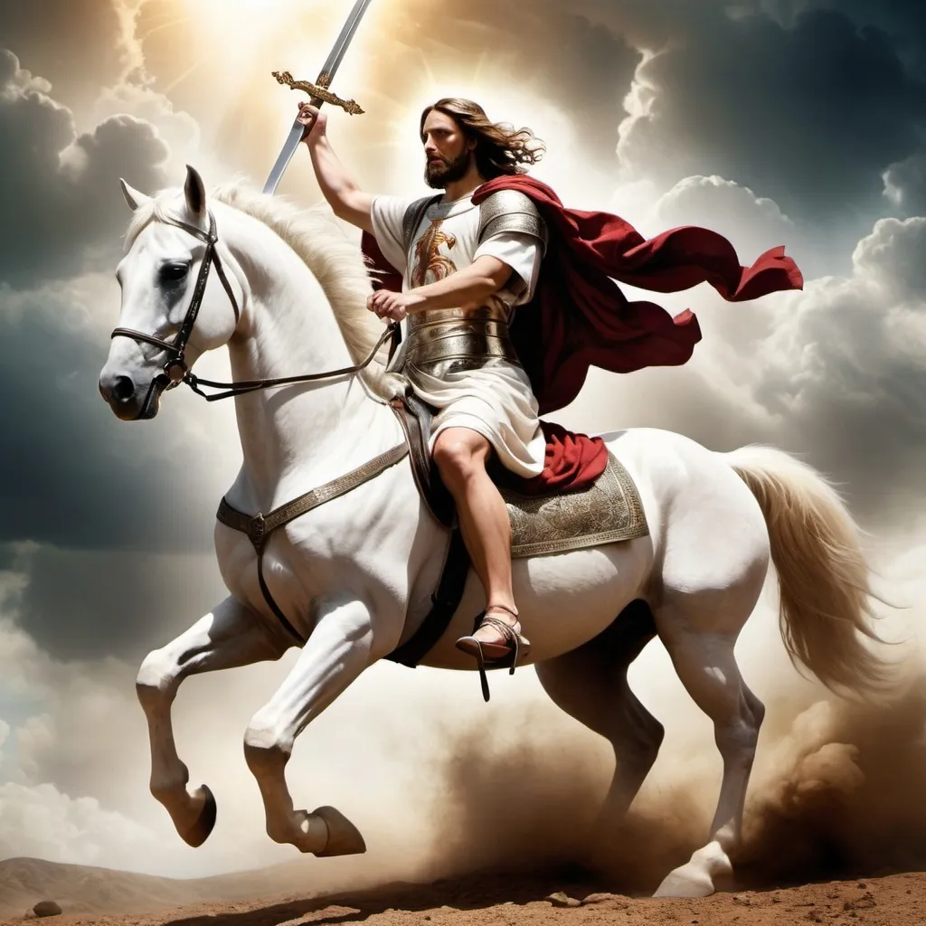 Prompt: Create an image of Christ’s return to earth on a white horse holding a sharp sword with a tattoo on his thigh, written ‘King of Kings, Lord of Lords, countenanced with all the fierceness and wrath of Almighty God, in preparation for the battle of that great day of God Almighty as depicted in Revelations Chapter 19