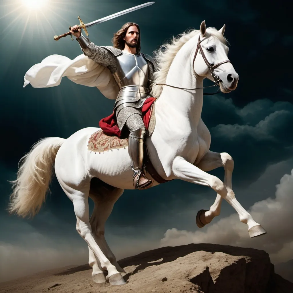 Prompt: Create an image of Christ’s return to earth on a white horse holding a sharp sword with a tattoo on his thigh, written ‘King of Kings, Lord of Lords, countenanced with all the fierceness and wrath of Almighty God, in preparation for the battle of that great day of God Almighty as depicted in Revelations Chapter 19, followed by the armies of Heaven, also on white horses, clothed and fine linen, white and clean