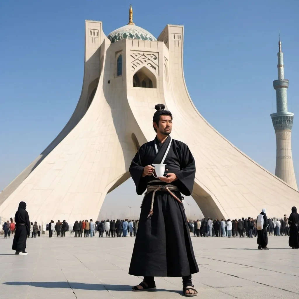 Prompt: A samurai man , wearing a black and white samurai dress , holds a steaming coffee cup. He stands casually near the Azadi Tower in Tehran,  The sky is clear blue, and a few people in the background are walking around, enjoying the day. The man has a relaxed expression, perhaps taking a moment to savor his coffee while admiring the cultural landmark.