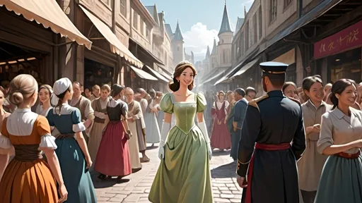 Prompt: image of the princess walking in a market street crowded by people followed by her female servants and male guards and greeted happily by all the people it ws bright and sunny day