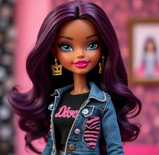 Prompt: A Bratz doll with wavy long burgundy dark purple hair, big light blue eyes, large plump lips wearing hot pink lipstick with a labret piercing under her lip, long thick eyelashes wearing glitter champagne colored eyeshadow. Wearing a black shirt that says Diva in pink and gold letters on the front. Wearing crown shaped shiny gold earrings, wearing a distressed jeans jacket with one zebra print pocket in pink white and black, wearing matching ripped jeans, with Diva themed wallpaper in background
