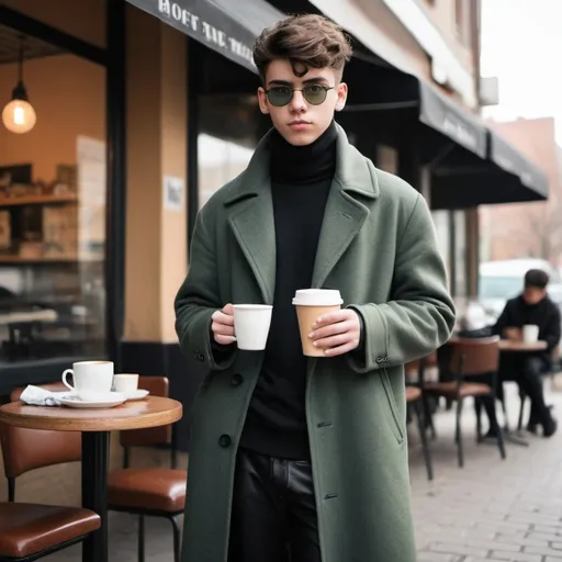 Prompt: A 19 year old teenage boy wear black turtleneck and a greenish grey long coat alon with a black pant and a black leather shoe and a analog watch shile holding a cup of coffe and standing beside a cafe and wearing a sunglass . clean shave teenager