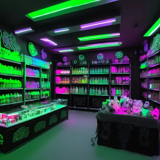 Prompt: Viking store with techno goods and neons styled like Celtic yberpunk
