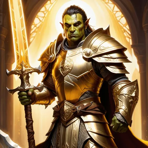 Prompt: UHD, 4K, half-orc paladin with radiant armor, sun god follower, divine aura, epic fantasy painting, warm golden tones, majestic pose, intricate details, glowing sword, powerful presence, heroic, high fantasy, divine light, detailed facial features, golden armor, majestic, radiant lighting, young, youthful