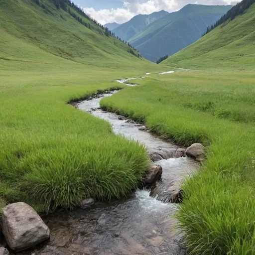 Prompt: A mountain creek with grassy fields 