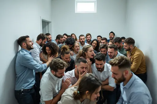 Prompt: cramped crowded meeting room filled with diverse group of men and women, people do not fit in the room, people standing as there are no seats available, gasping for air,, miserable energy minimalist furniture, anxiety, soft light filtering through a window, tense expressions, uncomfortable setting, emotionally charged, high detail, 4K quality, subdued colors, atmospheric shadows, dreary ambiance, white room, stained walls, low ceiling