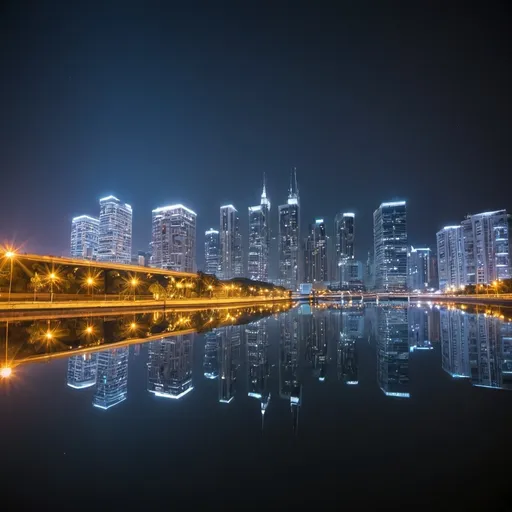 Prompt: night view of city with reflection in water