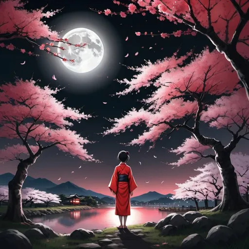 Prompt: A serene night in the Japanese countryside. A person is standing and looking up at a full moon. The moonlight shines on the person and illuminates the surrounding cherry blossom trees, which are in full bloom. Petals are gently falling, creating a peaceful scene with a red and black aesthetic