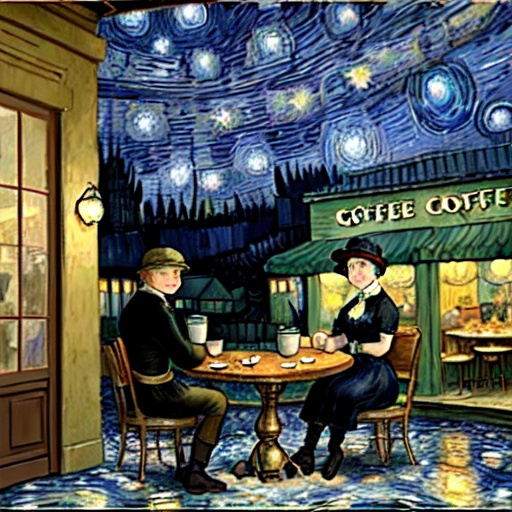 Prompt: background used Van Gogh‘s painting coffee shop in starry night, 2 people sit in a round table in front of coffee shop and outdoor. Image should be shown as a old painting in 1800s with extremely detailed