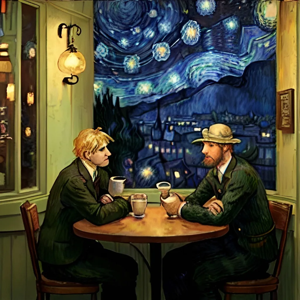 Prompt: background used Van Gogh‘s painting coffee shop in starry night, 2 men sit in a round table in front of coffee shop and outdoor. one is drinking coffee, other is watching the starry night. Image should be shown with extremely detailed