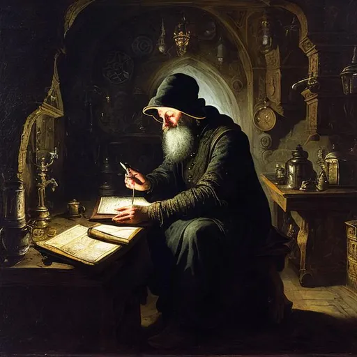 Prompt: an alchemist studying the darkness