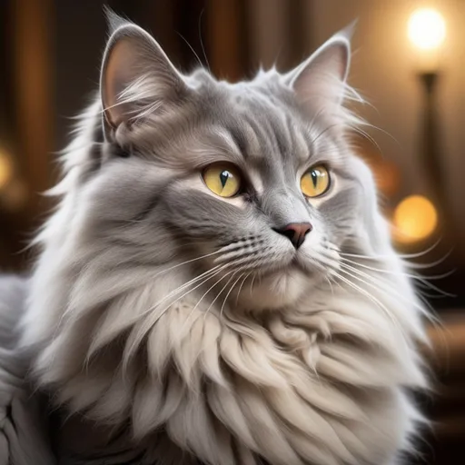 Prompt: A serene, majestic gray fluffy cat with bright, piercing eyes, sitting gracefully in a softly lit, cozy environment. The cat’s fur flows gently in the breeze, and its gaze is calm yet intense. Create a warm, peaceful ambiance with soft background music and subtle, elegant movements."