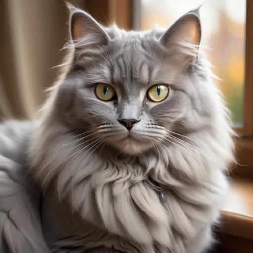 Prompt: A serene, majestic gray fluffy cat with bright, piercing eyes, sitting gracefully in a softly lit, cozy environment. The cat’s fur flows gently in the breeze, and its gaze is calm yet intense. Create a warm, peaceful ambiance with soft background music and subtle, elegant movements."