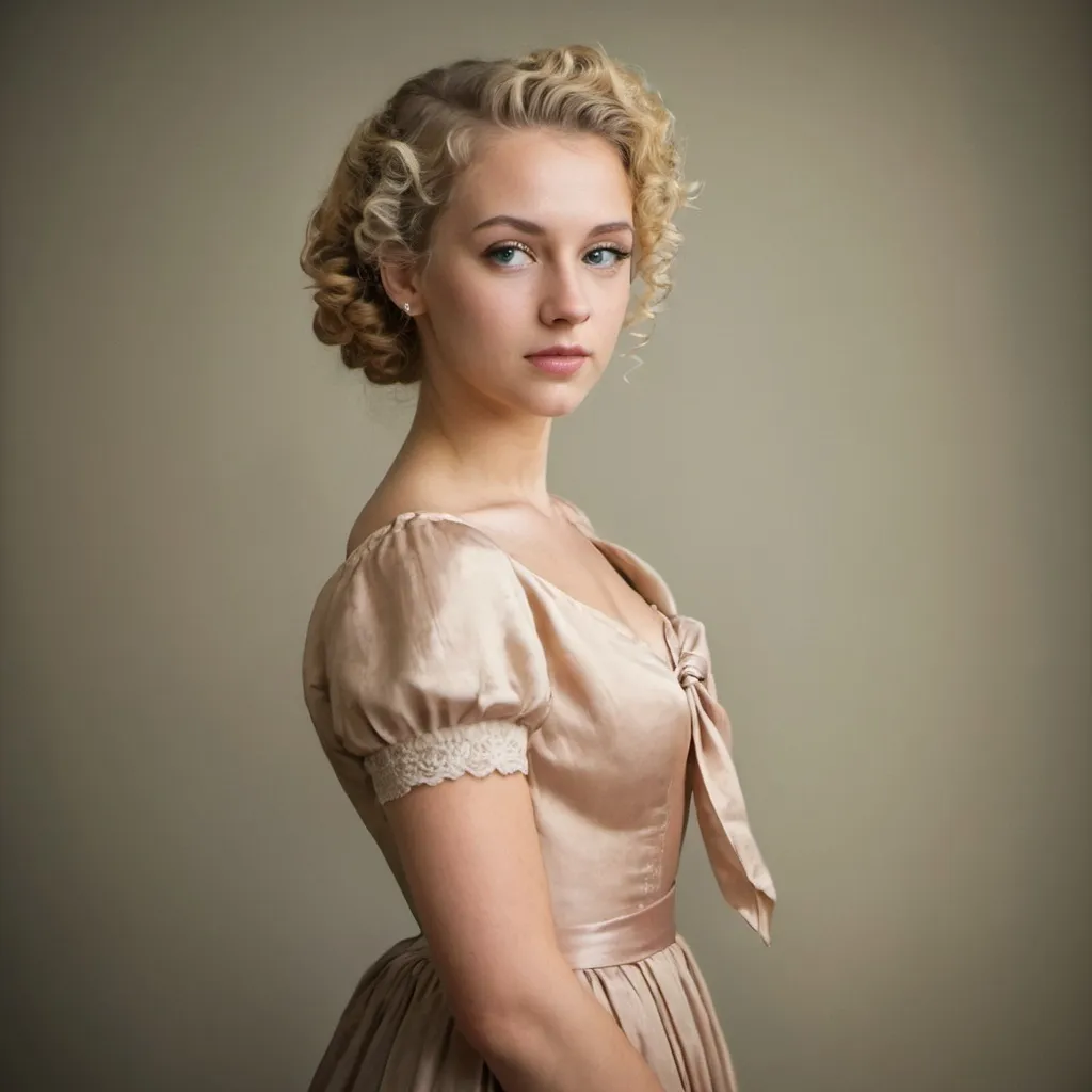 Prompt: A beautiful young woman with blonde curls tied back standing in a long dress posing for a portrait in the olden days