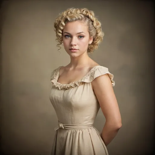 Prompt: A beautiful young woman with blonde curls tied back standing in a long dress posing for a portrait in the olden days