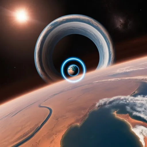 Prompt: Please create a sci-fi looking picture showing a spacetime wormhole going between earth and mars.
