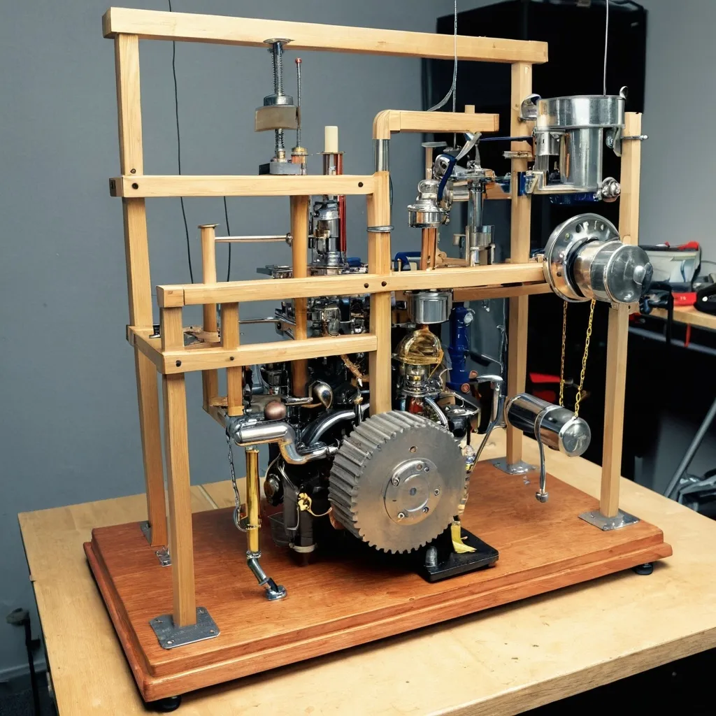 Prompt: A rube goldberg machine for building a new engine.