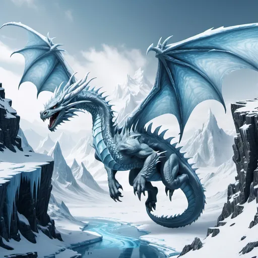 Prompt: ice dragon flying over ice mountain in a zone full of snow