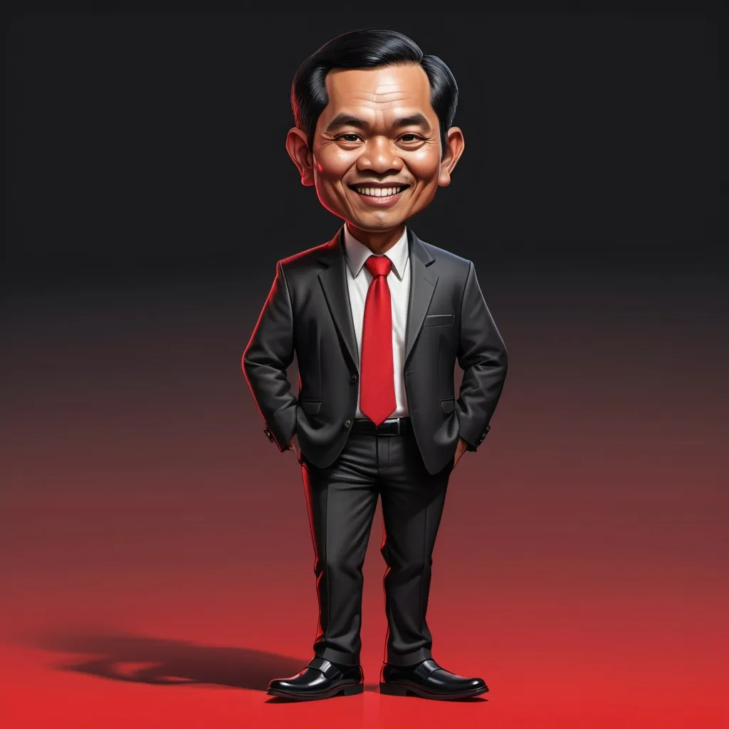 Prompt: 4d caricature of a 50 year old Indonesian man with black hair to the side, wearing a black jacket and red tie, wearing black trousers, black loafers, red gradient background