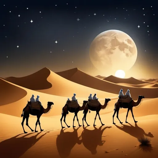 Prompt: draw a poster of the sahara dessert in the night with camels rembrandt style