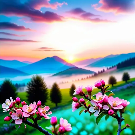 Prompt: a twig of an apple tree with pink flowers below it is a meadow full of beautiful flowers on the horizon there are mountains in the fog with the rising sun bright colors romantic style