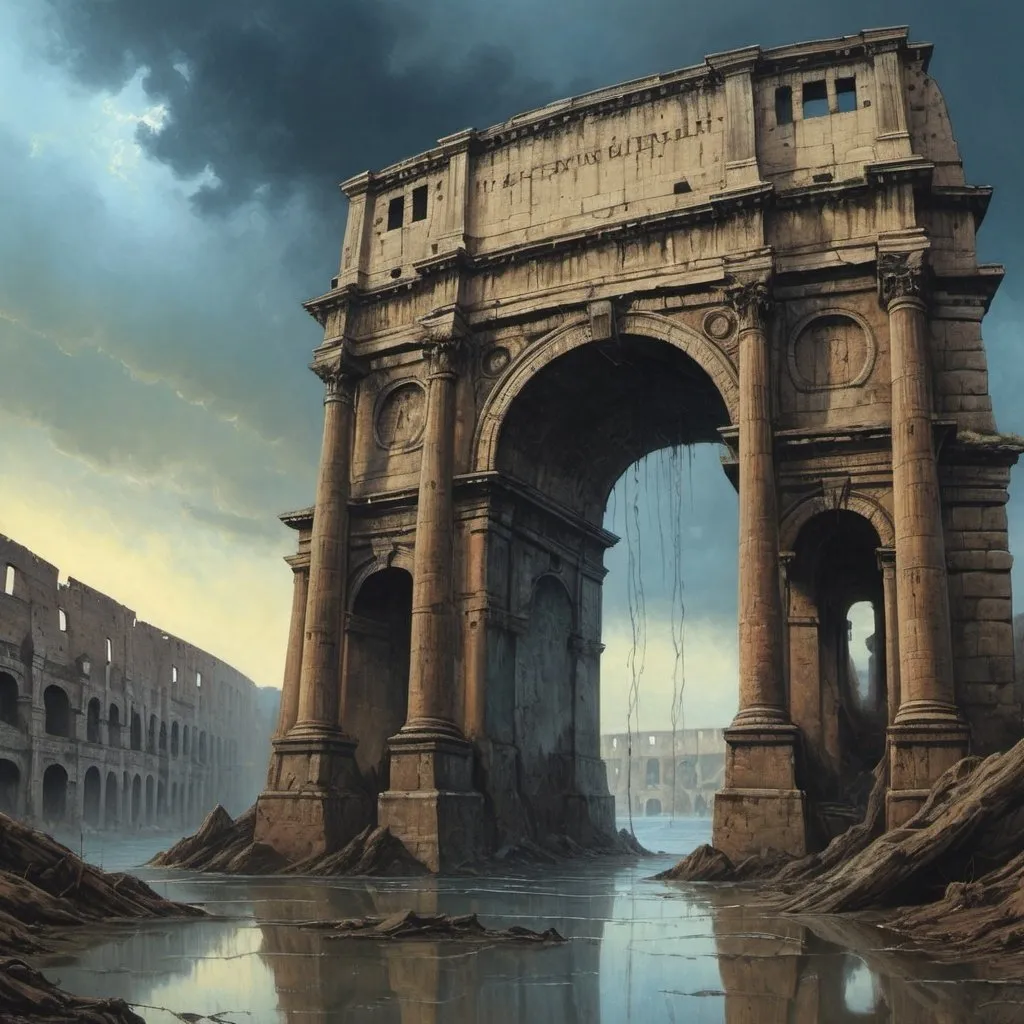 Prompt: Generate a picture in the style of the artist Zdzisław Beksiński, a picture painted with oil paint. The painting shows the Colosseum, the Arch of Victory in Paris. You can see a huge landline telephone with long roots sticking out of the ground. Surrealism, fantasy. at the bottom everything is flooded with water The sky is very ominous, it announces a storm, 4k sharp focus, A mysterious blue figure is watching it