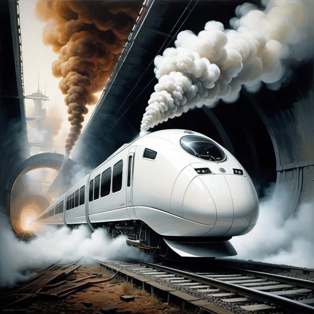 Prompt: Maksymilian Novak Zempliński stylizes a painting depicting a modern futuristic white train emerging from an invisible tunnel, surrounded by an atmosphere of fog and smoke. This evokes a sense of nostalgia and the grandeur of the industrial revolution. The image appears to be related to various artistic and historical themes, as suggested by related search results.

