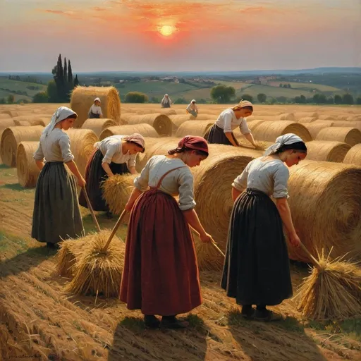 Prompt: Create a painting by Józef Chełmoński. It is the 19th century. The painting shows several women, they are very tired, women are raking hay in the field. It is already after sunset.  Use umbria and sanguine

