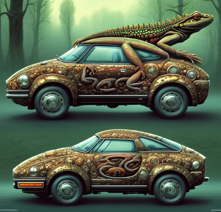 Prompt: generate an image JACEK YERKA of a lizard that gradually transforms into a car