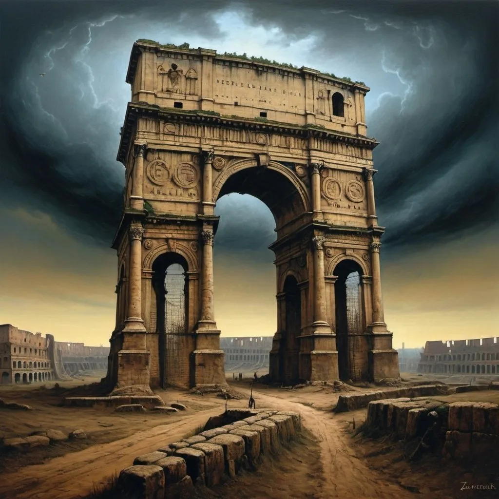 Prompt: Generate a picture in the style of the artist Zdzisław Beksiński, a picture painted with oil paint. The image shows the Colosseum, the Arch of Victory in Paris. You can see a huge landline phone with long roots sticking out of the ground, the image is very dark, there is very little detail. Surrealism fantasy,. The sky is very ominous, foretells a storm, sharp focus, studio photo, intricate details, very detailed,