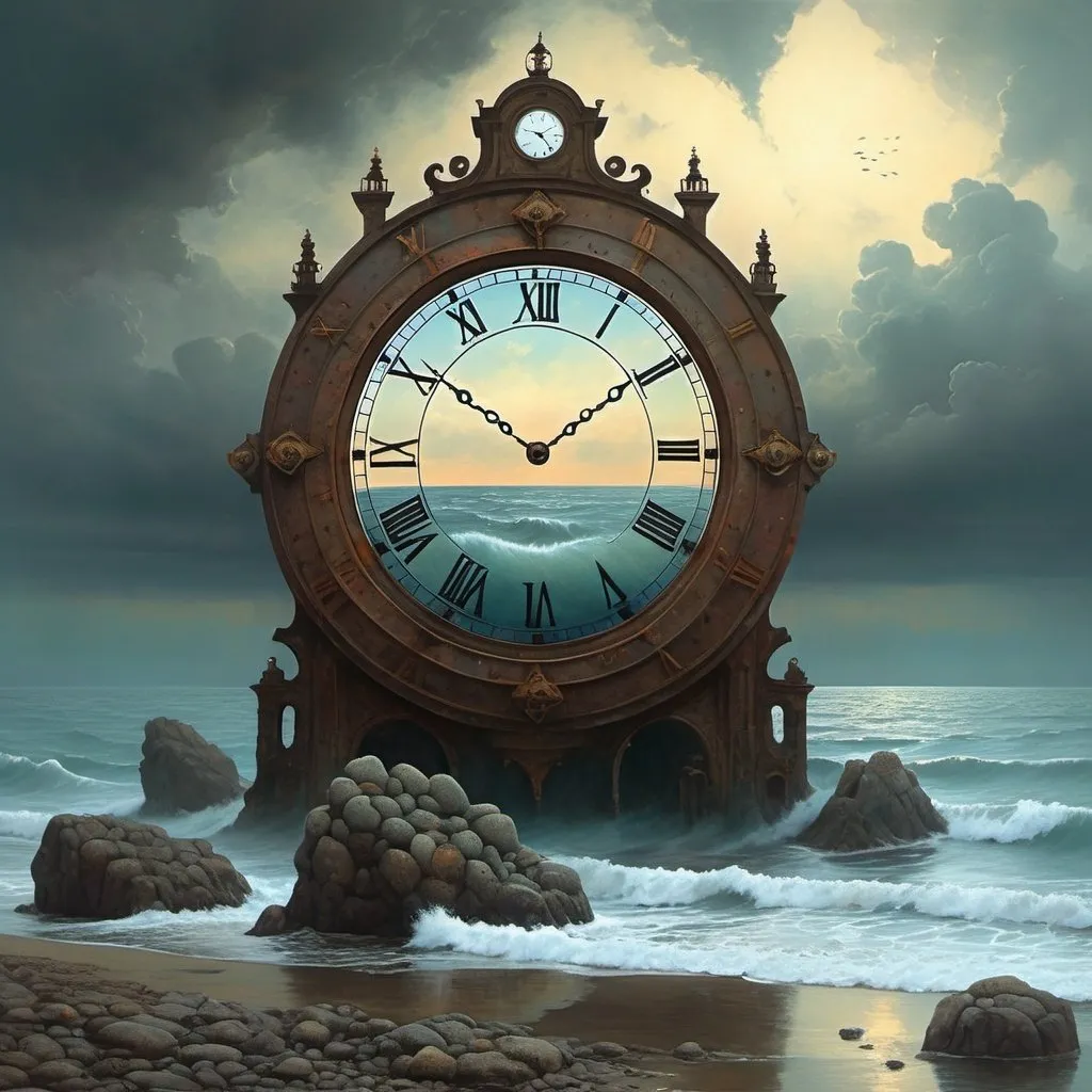 Prompt: Generate an image in the style of artist Zdzisław Beksiński. Far out in the ocean, half of a large damaged ancient clock can be seen drifting. The sky is cloudy. On the shore, small figures and stones on the shore resemble frogs. Use umbria and sanguine

