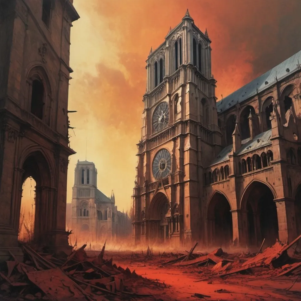 Prompt: Generate an image in the style of Zdzisław Beksiński., Notre Dame Cathedral and its time of destruction, clock on the left side of the image, ruins background apply sanguine image and umbria