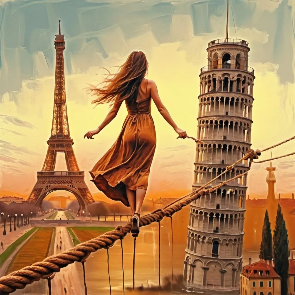 Prompt: Generate an image in Chełmoński paint oil  style of a woman with long hair, wearing a long dress, walking on a rope stretched in the air between two towers. the woman stands on a rope with her legs. One of the towers is the Eiffel Tower, and the other is the famous Tower of Pisa. Make it clear that the woman is on the line connecting both towers. warm colors of at the bottom you can see one sailboat in the flooded streets