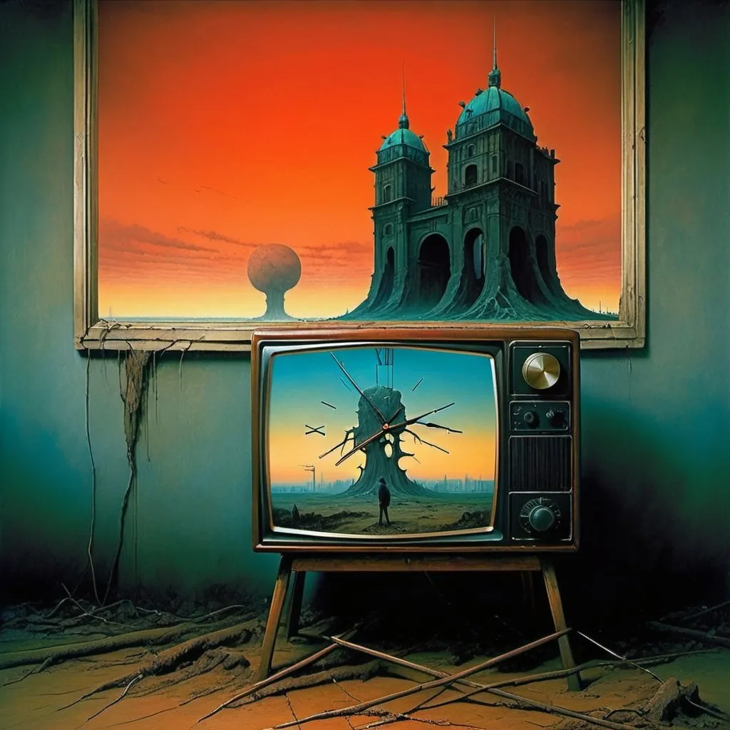 Prompt: Generate  this painting in the style of the painter Zdzisław Beksiński  the background you can see  berlin, AND tv, AND CLOCK, and above it there is a huge ruined camper with roots coming out of the ocean. There must be asymmetry. Irregular shapes. You can see Berlin in the background and a huge radio above it. The  motor  surrounds part of the image Zdzislaw Beksinski, sanguine, umbriam, clock