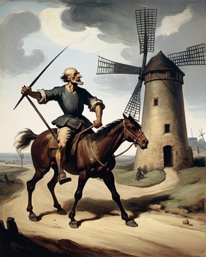 Prompt: Generate an image styles Honore Daumier of a very thin Don Quixote and his thin horse and a fight with a 15th century windmill